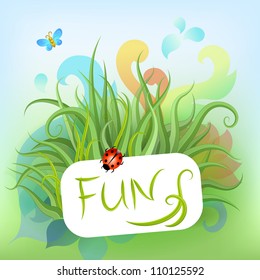Vector natural bio frame paper tag with grass and colorful flowers in the background. Vector eps 10 illustration.