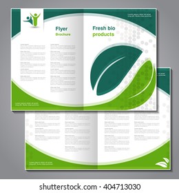 Vector Natural Brochure, Design Of Nature, Bio Flyer With Simple Dotted Design. Layout Template With Leaf. Aspect Ratio For A4 Size. Eco Poster Of Green, Grey And White Color. Magazine Cover.
