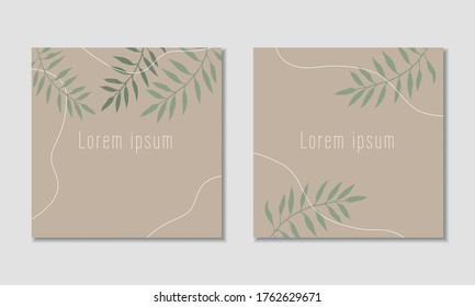 Plantilla de tarjeta de vector natural. Hojas verdes y decoración geométrica blanca