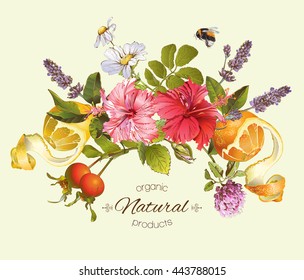 Vector natural composition with hibiscus flowers, citrus fruits and rose hip. With place for text.