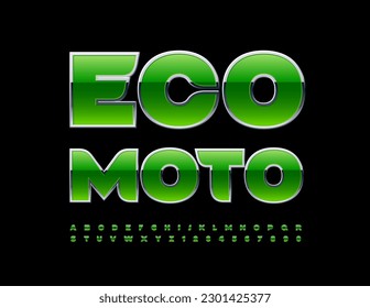 Vector natural concept Eco Moto with Green and Metallic Font. Glossy Alphabet Letters and Numbers set