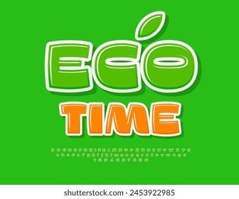 Vector natural concept Eco Time with decorative Leaf. Green Alphabet Letters and Numbers set. Puffy creative Font.