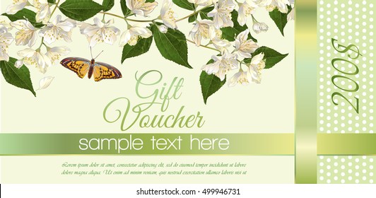 Vector natural cosmetics gift voucher with flowers. Design for cosmetics, store, beauty salon, natural and organic products, health care products, aromatherapy. With place for text