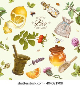 Vector natural cosmetics seamless pattern with lemon,honey and herbs.Background design for cosmetics, store, beauty salon, natural and organic products.Best for texture, fabric print, wrapping paper.