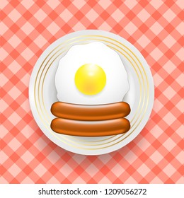 Vector Natural Egg and Two Realistic Boiled Sausages on Red Line Background. Top View