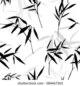 Vector natural floral ink drawing seamless pattern with a sprig of bamboo in oriental style