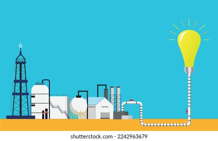 Un vector de producción de gas natural, proceso y suministro de refinería con bombilla. Suministro de gas natural para generar el concepto de energía.