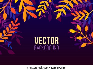 Vector natural horizontal background in trendy flat style with gradient colored exotic plants, leaves and place for text. Modern botanical illustration for banner, greeting card, poster.
