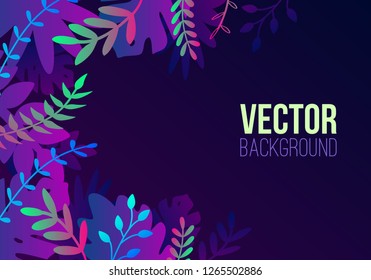 Vector natural horizontal background in trendy flat style with gradient colored exotic plants, leaves and place for text. Modern botanical illustration for banner, greeting card, poster.