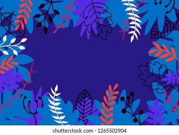 Vector natural horizontal background in trendy flat style with multicolored exotic plants, leaves and place for text. Modern botanical illustration for banner, greeting card, poster.