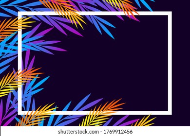 Vector natural horizontal background in trendy flat style with gradient colored exotic plants, leaves and place for text. Modern botanical illustration for banner, greeting card, poster.
