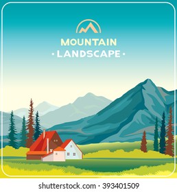 Vector natural illustration. Mountain landscape with green grass and house. Wilderness life.