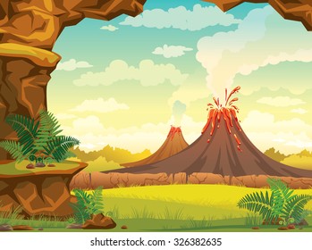 Vector Natural Illustration - Prehistoric Landscape With Cave, Smoky Volcanoes And Green Grass On A Cloudy Sky.