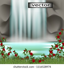 Vector natural image, landscape with waterfall grass on the lake shore, shore entangled with wild roses background illustration romantic natural look