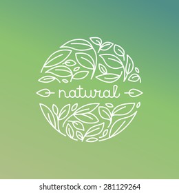 Vector natural label in trendy linear style - badge with green leaves