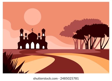 
vector natural landscape background, Islamic theme concept complete with mosque icons, trees, suitable for backgrounds, wall decorations, advertisements.