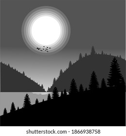 vector natural landscape in dark night