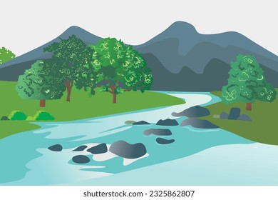 vector natural landscape with flowing river creating a cozy atmosphere