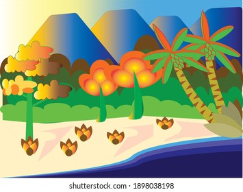 Vector natural landscape. green mountains with rivers. Panorama for background design.