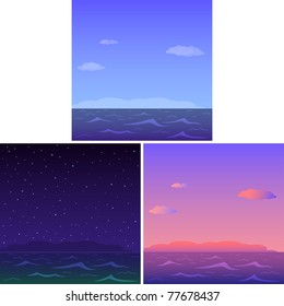 Vector natural landscape, sea and sky, set: morning, day, night