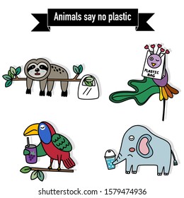 vector of natural life of animals in the forrest say no to plastic, sloth sleep on the tree, parrot and can of juice, elephant and plastic cup, bird and plastic bag stand on the leaf