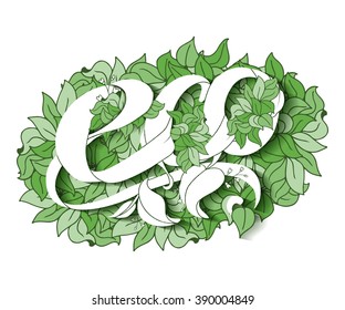 Vector natural, organic food, bio, eco white lettering on green leaves background