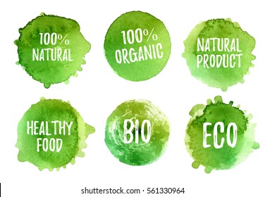 Vector natural, organic food, bio, eco labels and shapes on white background. Hand drawn stains set.