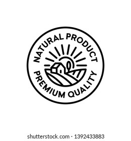 Vector Natural Product Icon Label. Organic, Farm Food, Raw, Vegan, Eco Emblem For Local Farmers Market, Healthy Goods, Bio Business. Line Premium Quality Logo Badge With Field, House, Sun, Tree
