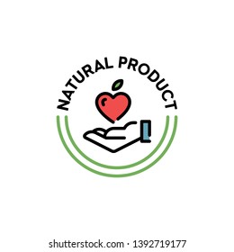 Vector natural product icon label. Line love logo badge with hand and fruit heart sign. Organic, farm food, raw, vegan, eco emblem for local farmers market, healthy goods, bio business