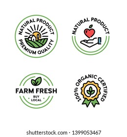 Vector Natural Product Icon Label Set. Line Premium Quality Logo Badges With Green Leaves. 100 Percent Organic Certified. Farm Fresh, Buy Local. Eco Bio Food Emblems For Farmers Market, Healthy Goods