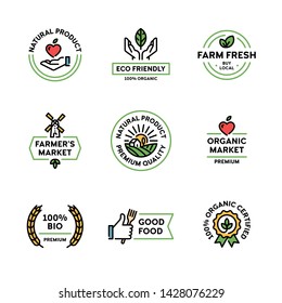 Vector Natural Product Icon Label Set. Linear Premium Quality Logo Badges With Green Leaves. 100 Percent Organic Certified. Farm Fresh, Eco Friendly. Bio Food Emblems For Healthy Goods, Farmers Market