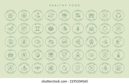 Vector natural product icon label set. Farm fresh, buy local. Line premium quality logo badges with green leaves. Eco bio food emblems for farmer's markets, healthy goods.