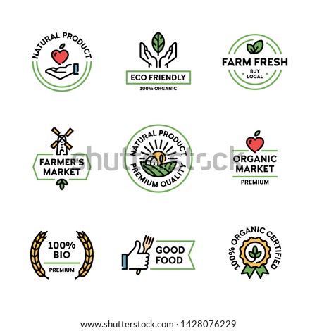 Vector natural product icon label set. Linear premium quality logo badges with green leaves. 100 percent organic certified. Farm fresh, eco friendly. Bio food emblems for healthy goods, farmers market