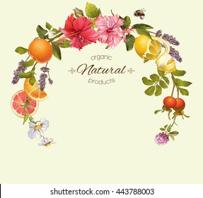 Vector natural round frame with hibiscus flowers, citrus fruits and rose hip. With place for text.