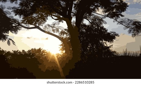 vector of natural scenery at dusk in a mountainous area