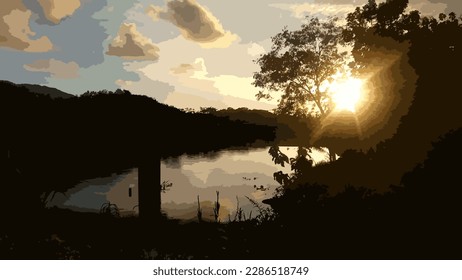 Vektorgrafik der Naturlandschaft in der Abenddämmerung in einer Berglandschaft
