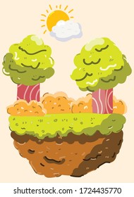 vector of natural scenery with the sun, trees, grass and soil inside. with a predominance of green. against a pink background. for book covers, wallpapers