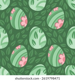 Vector natural seamless pattern with green easter eggs adorned with pink flowers and leaves on a forest dark green background