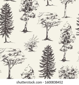 Vector natural seamless pattern of monochrome trees, vintage collection, Woodland texture.