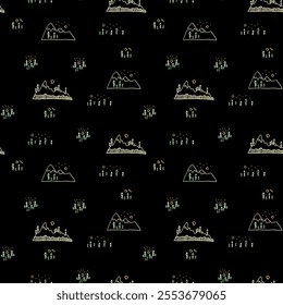 Vector natural seamless pattern with mountauns and trees on the black background