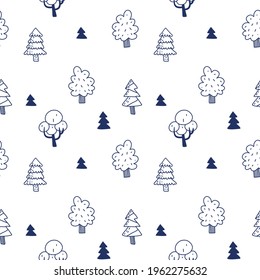 Vector natural seamless pattern with tree and fir tree on white color background