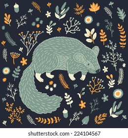 Vector natural set with cute marmot and floral elements: leaves, berries, branches, nuts, acorns and flowers. Natural hand drawing collection with animals in the forest. Retro background.