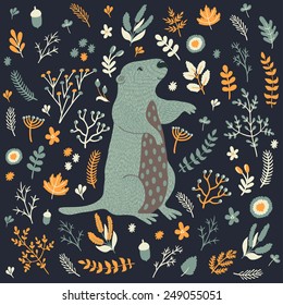 Vector natural set with cute marmot and floral elements: leaves, berries, branches, nuts, acorns and flowers. Natural hand drawing collection with animals in the forest. Retro background.