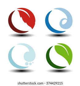 Vector natural symbols - fire, air, water, earth - nature circular icons with flame, bubble air, wave water and leaf. Elements of ecology sources, alternative energy.