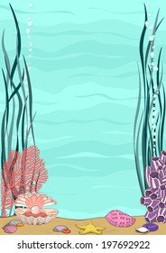 Vector natural underwater background with opened seashell with the sea bottom - background for your text or picture.
