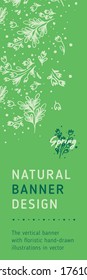 Plantilla de banner vertical natural vectorial con patrón de flor. Decoración de tulipanes con Ilustración herbal para tienda florista, diseño de etiquetas cosméticas, banner de belleza. Fondo del tulipán. Patrón orgánico.