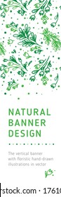 Vektor natürliche vertikale Bannervorlage mit floralem Muster. Tulpendekorationen mit Kräuterillustration für Blumenladen, Kosmetiketiketiketikdesign, Schönheitsbanner. Tulpen Hintergrund. Organisches Muster.