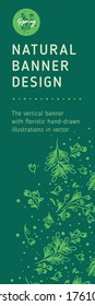 Plantilla de banner vertical natural vectorial con patrón de flor. Decoración de tulipanes con Ilustración herbal para tienda florista, diseño de etiquetas cosméticas, banner de belleza. Fondo del tulipán. Patrón orgánico.
