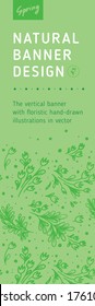 Vector natural vertical banner template with flower pattern. Tulips decorations with herbal Illustration for florist store, cosmetic label design, beauty banner. Tulip background. Organic pattern.