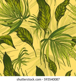 Vector Natural Vintage Seamless Exotic Pattern with Tropical Leaves, Botanical illustration on yellow background.
